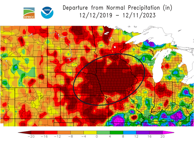 Almost all of Iowa, eastern Nebraska and Kansas, southeastern South Dakota, southern Minnesota, southwestern Wisconsin, and northern Missouri have precipitation deficits of 20 inches or more during the past four years. (HPRCC/NOAA graphic) 