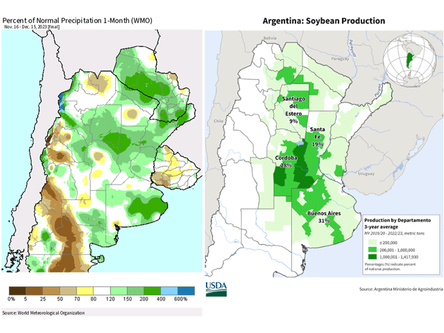 Rainfall has been very good in Argentina during the last month. Outside of a few pockets of dryness, most areas have seen near- or above-normal rainfall. Growing areas on the right for reference. (USDA graphics)