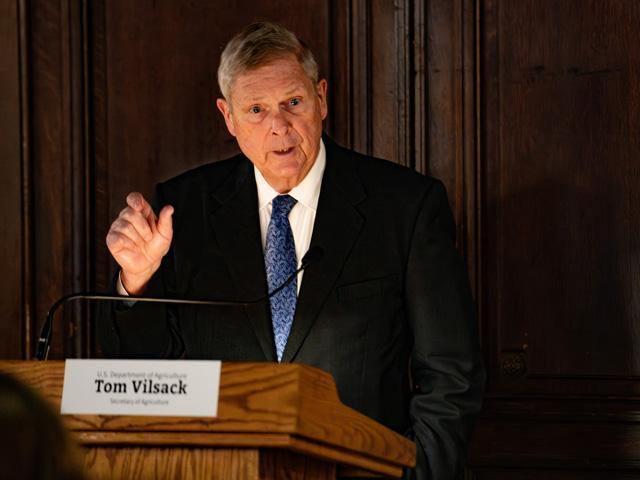 Agriculture Secretary Tom Vilsack speaks to reporters Monday about a House Republican group's proposal to cut or eliminate areas of the farm safety net and conservation programs. (DTN photo by Joel Reichenberger) 