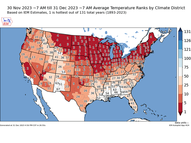 December 2023 average temperatures were the warmest on record for Minnesota and some other climate districts in the Upper Midwest, and in the top five warmest across most of the northern U.S. east of the Rockies. The numbers are rankings with 1 being the warmest on record. (Iowa Environmental Mesonet graphic)