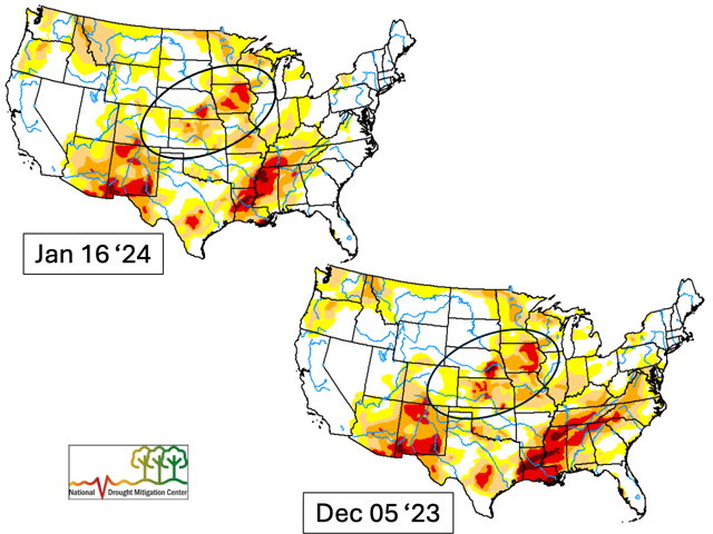 Long-term dry areas of Iowa and Nebraska show only marginal drought easing from rain and snow during the past six weeks. (Drought Mitigation Center graphic)