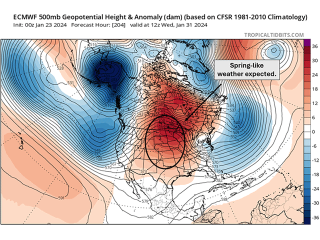 A strong ridge will push into the Central U.S. by the middle of next week, providing above- to well-above-normal temperatures to the Plains and Midwest. (Tropical Tidbits graphic)