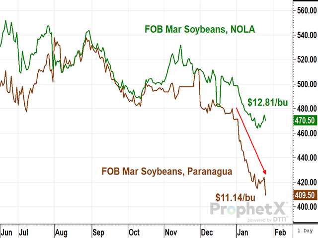 A comparison of March FOB soybean prices in Paranagua, Brazil, versus New Orleans, Louisiana, shows a sharp drop in Brazil&#039;s prices since late December, coinciding with increased rainfall in the country. Brazil&#039;s much lower price suggests a big harvest is just getting started (DTN ProphetX chart by Todd Hultman).  