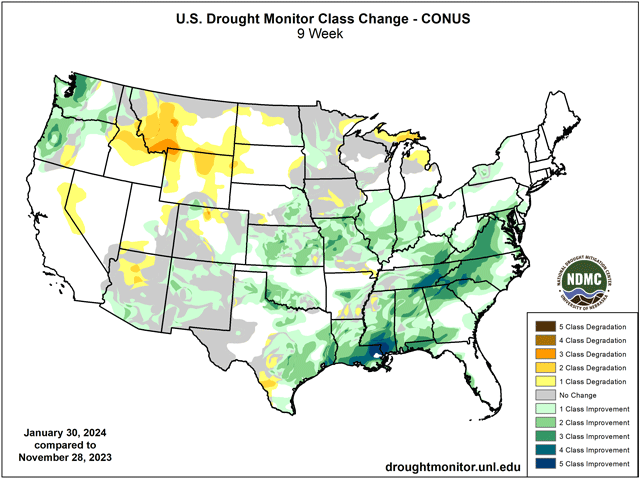 Heavy precipitation over the last week, when combined with other factors, dramatically reduced drought across the contiguous U.S. on Feb. 1. (USDM graphic)