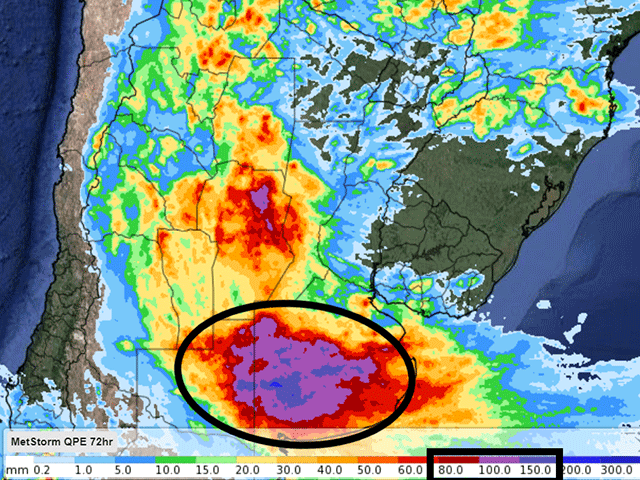 Rainfall amounts over the last 72 hours in Argentina have been very heavy. Portions of the states of La Pampa and Buenos Aires have seen amounts over 100 mm (about 4 inches) and there is more to come. (DTN graphic)