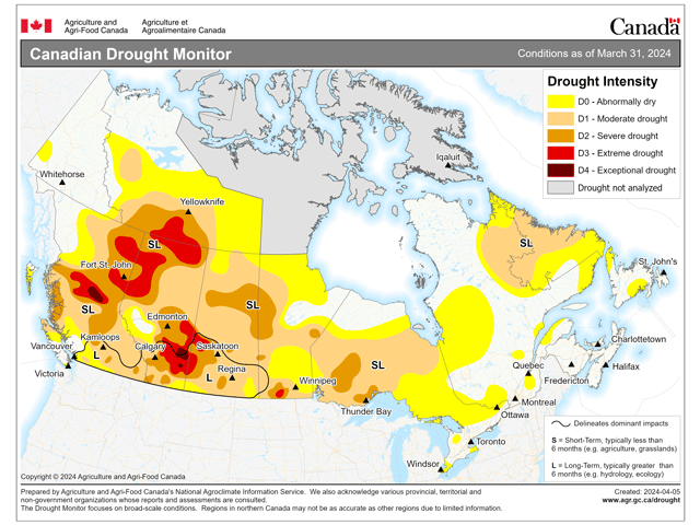 Despite some decent or even above-normal precipitation during the winter, widespread drought casts a shadow over the 2024 growing season for the Canadian Prairies. (Agriculture and Agri-Food Canada graphic)