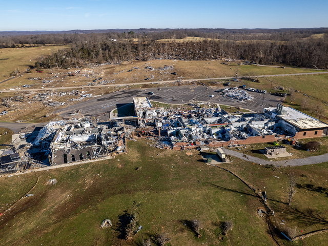 Aerial view of the University of Kentucky Research and Education Center after it took a direct hit from a weekend tornado. (Photo by Matt Barton, UK agricultural communications)