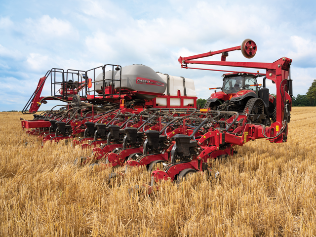With 525 gallons of fertilizer capacity and 100 bushels of seed capacity, the Case IH 2150S Early Riser front-fold trailing planter gives producers more time in their field. (Photo courtesy of Case IH)