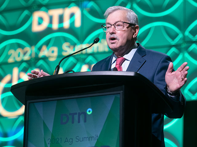 Former Iowa Gov. Terry Branstad served as U.S. ambassador to China under the Trump administration. Speaking Monday at the DTN Ag Summit, Branstad said the Phase One Economic and Trade Agreement has been good for U.S. farmers and should be expanded. The former ambassador also highlighted the delicate challenges of trading with a regime that is increasingly authoritarian. (DTN photo by Joel Reichenberger)