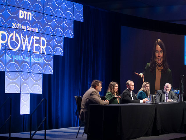 A panel discussion this week at the DTN Ag Summit in Chicago included representatives from a few of the major players in the carbon-market space. Each company has a slightly different kind of offering for farmers who would like to get paid for sequestering carbon in soil as part of their operations. (DTN photo by Joel Reichenberger)