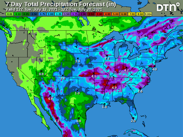 A slow-moving system will spread moderate to heavy precipitation across a good portion of the country&#039;s growing regions through July 20. (DTN graphic)