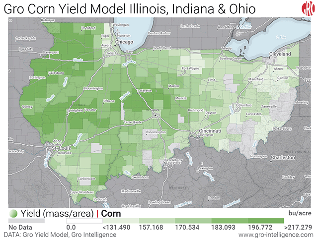 Darker-green shading shows higher corn yields on Gro Intelligence&#039;s real-time yield maps for Illinois, Indiana and Ohio, on day four of the DTN 2020 Digital Yield Tour. Indiana and Ohio are poised to set yield records, and Illinois&#039; crop is many bushels ahead of last year. (Map courtesy of Gro Intelligence)