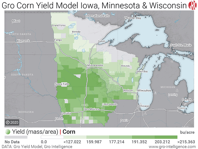 Darker-green shading shows higher corn yields on Gro Intelligence&#039;s real-time yield maps for Iowa, Minnesota and Wisconsin on day three of the DTN 2020 Digital Yield Tour. While Minnesota and Wisconsin are on track for record corn yields, Iowa&#039;s crop has several question marks. (Map courtesy of Gro Intelligence)