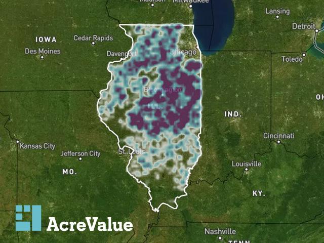 AcreValue's Market Explorer tool shows a heat map of farmland sales for any state nationwide. Above shows Illinois's sales since 2021, with darker purple showing higher-values land sales. (Map courtesy of AcreValue)