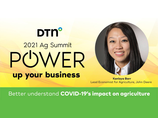Don&#039;t miss exclusive insights on the global economy and long-term consumer trends in the post-COVID world with John Deere economist Kanlaya Barr at this year&#039;s DTN Ag Summit. (DTN illustration)