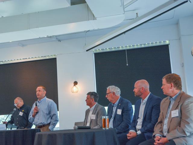 Ben Smith (second from left), production and precision agriculture marketing operations manager for John Deere, talks about logistical issues facing the equipment industry at a Kansas City, Missouri, Agribusiness Council event on Thursday. To his right are Chris DeMoss from MFA Inc., Dave Spears from Mid-Kansas Coop, Michael Lichte from Dairy Farmers of America and Jarrod Gillig from Cargill Protein North America. (DTN photo by Chris Clayton)