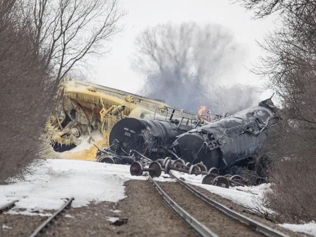 Twenty-two cars of a BNSF train derailed March 30, 2023, in Raymond, Minnesota, with four containers with ethanol that ruptured and caught fire. Other derailed cars contained corn syrup. Pictured is the aftermath of the derailment. (Photo courtesy Macy Moore)