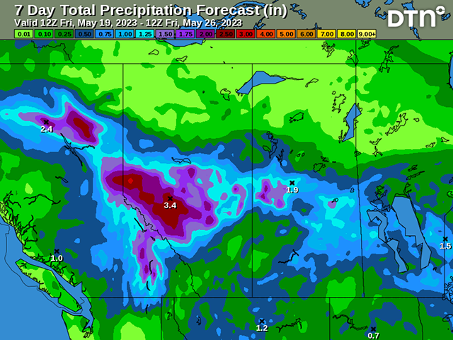 A low-pressure center may be the cause for some heavy rainfall for parts of the Canadian Prairies next week. (DTN graphic)
