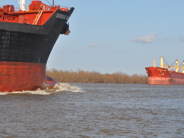 Bulk cargo ships head in opposite directions on the lower Mississippi River near New Orleans during normal traffic flow. Hurricane Ida left debris on the river such as loose barges. Grain exports are down sharply as some major terminals on the river are still closed for repairs. (DTN file photo by Chris Clayton)