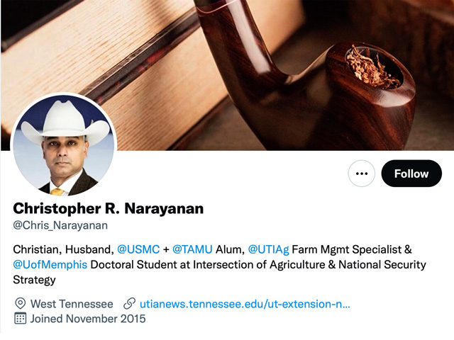 People who were close to Chris Narayanan, as well as those who knew him on social media, are struggling with his death over the past weekend. Narayanan was well known as a commodity analyst and passionate about helping farmers with markets. (Image from Twitter profile) 