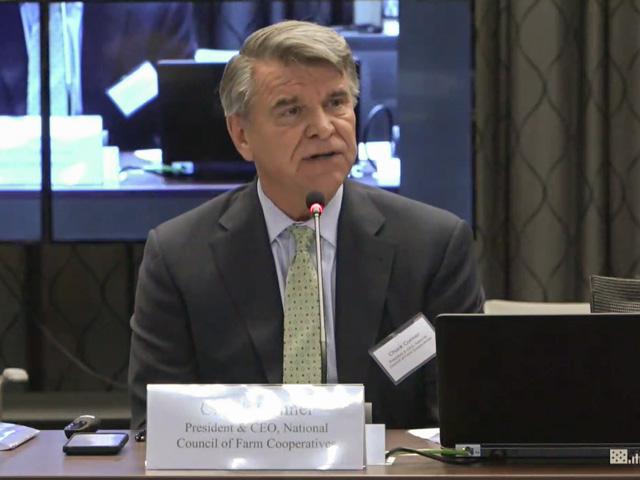 Chuck Conner, president and CEO of the National Council of Farmer Cooperatives, talks about the financial risks of agriculture and concerns that carbon markets could add additional market risks for cooperatives and farm operations if contracts are not structured properly. (Screenshot from Commodity Futures Trading Commission livestream) 