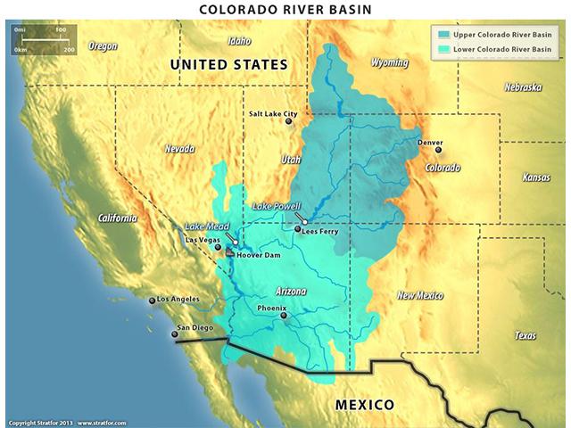 Pictured is the Colorado River Basin. The Colorado provides water to nearly 30 million people. Waters from the Colorado have turned the desert Imperial Valley of California into the lettuce-growing capitol of the U.S. (Photo courtesy University of Arizona Geological Survey)