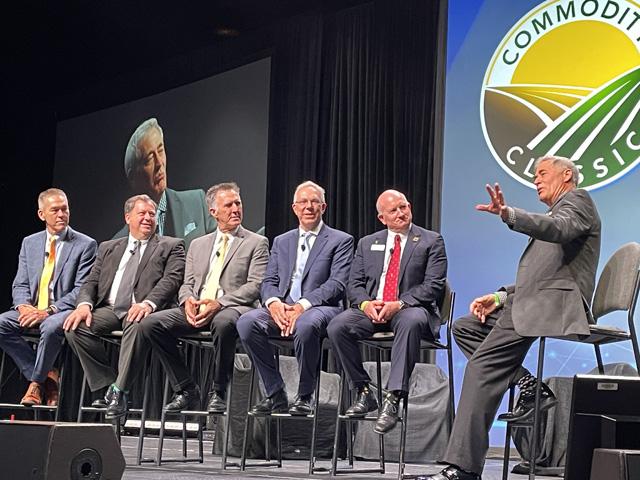 Commodity and ag equipment association leaders talk about what&#039;s important to their members during the general session at Commodity Classic. From left: Todd Stucke, Agriculture Equipment Manufacturers ag sector board chair; Brad Doyle, American Soybean Association president; Kody Carson, National Sorghum Producers chairman; Dave Milligan, National Association of Wheat Growers president; Chris Edgington, National Corn Growers Association president and moderator Mark Mayfield. (DTN photo by Matthew Wilde)