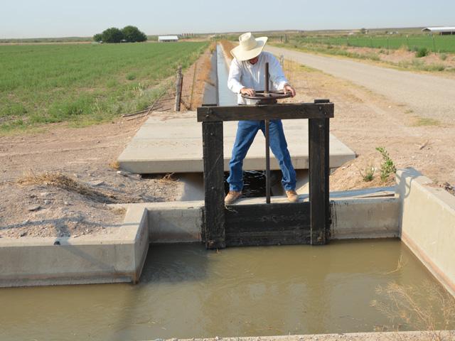 Craig Ogden, who farms south of Carlsbad, New Mexico, near the town of Loving, opens his drainage ditches to fields he will irrigate this spring on about 10% of his normal water allotment. New Mexico&#039;s drought has depleted reservoirs across the state and forced farmers to fallow more ground. (DTN photo by Chris Clayton) 