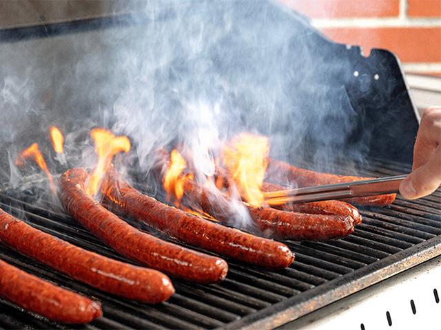 German-style sausage grilled from pork derived from gene-edited hogs. Researchers at Washington State University used gene editing on five hogs to prove that food from those animals is safe to eat, and FDA approved the meat for human consumption, but not without a lot of regulatory hurdles. (Photo courtesy of Washington State University)