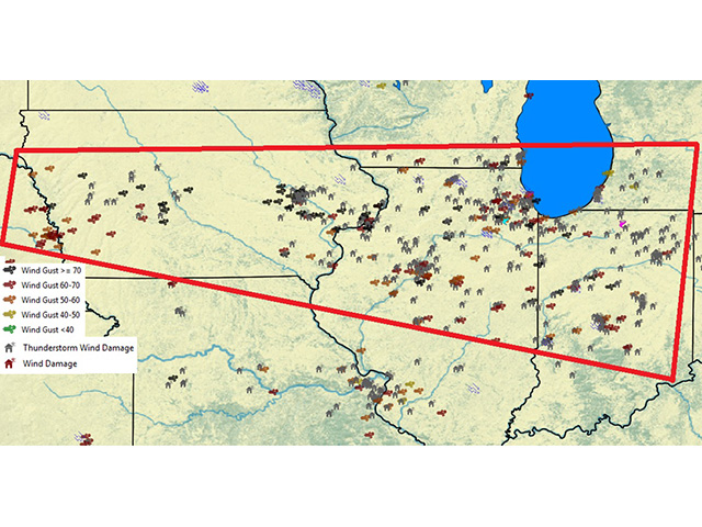 The derecho last August cut through more than 700 miles, causing as much as $11 billion in total damage. House Democrats removed language from an aid package that would have provided aid to farmers for losses from the derecho. The map shows some of the wind speeds and damages from the storm. (DTN file image)