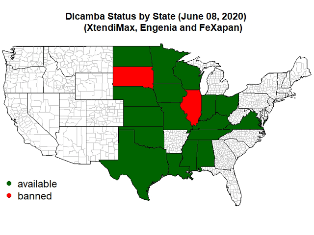 A patchwork of state decisions on the legality of dicamba use is emerging, as the country waits on EPA to react to a federal court ruling that vacated three dicamba registrations. (Map courtesy Rodrigo Werle, University of Wisconsin) 