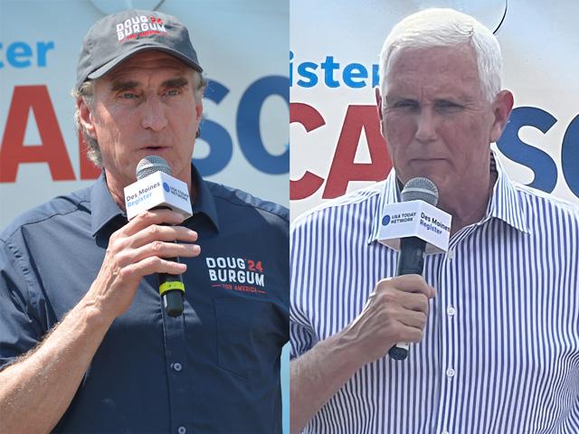 North Dakota Gov. Doug Burgum (left) and former Vice President Mike Pence, both Republicans, helped kick off the political stumping at the Iowa State Fair on Thursday and held chats with Iowa Gov. Kim Reynolds on Friday. The fair will be swamped with presidential candidates in the coming days. (DTN photos by Chris Clayton) 