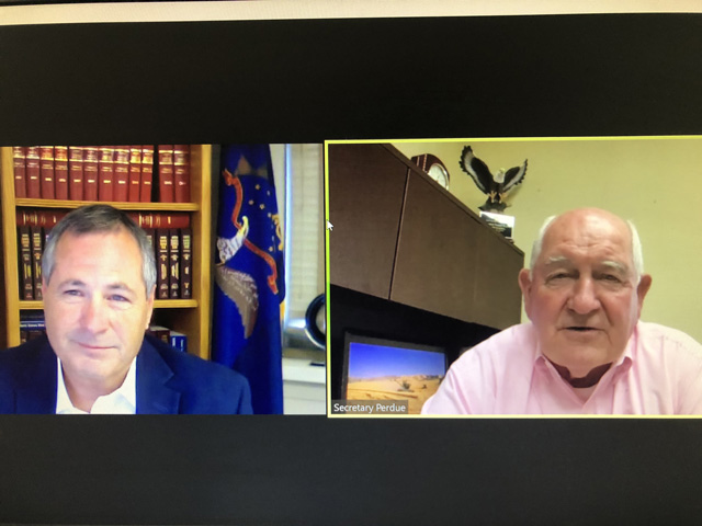 North Dakota Ag Commissioner Doug Goehring, left, talks with U.S. Agriculture Secretary Sonny Perdue during a video conference Monday. Among his comments, Perdue said sales to China are picking up and USDA will soon have details on an extended aid program for producers under CFAP. (DTN photo from livestream)