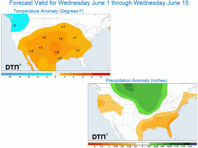 The June 1-15 forecast from DTN suggests a continued active weather pattern across the northern half of country with increased precipitation for many areas. This period is an extension of an active forecast for the last two weeks of May as well. (DTN graphics)