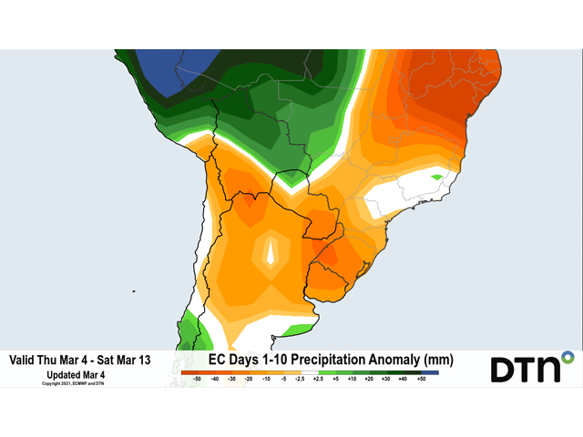 Rainfall during the next 10 days is expected to be below normal for most of the major growing regions. (DTN graphic)
