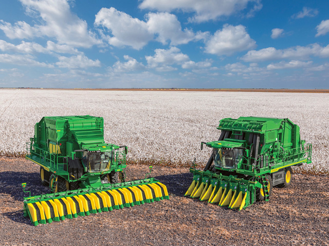 Deere&#039;s CP770 picker (right) and CS770 stripper pack more cotton into each module and harvest more acres per day, while cutting wrapping and fuel costs. (Photo courtesy of John Deere)