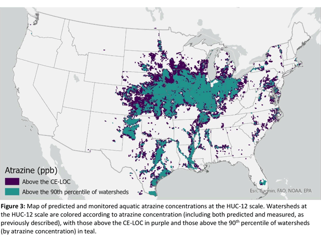 This map shows watersheds the EPA has proposed for mitigation based on atrazine levels above the proposed level of concern. (Map courtesy of EPA)