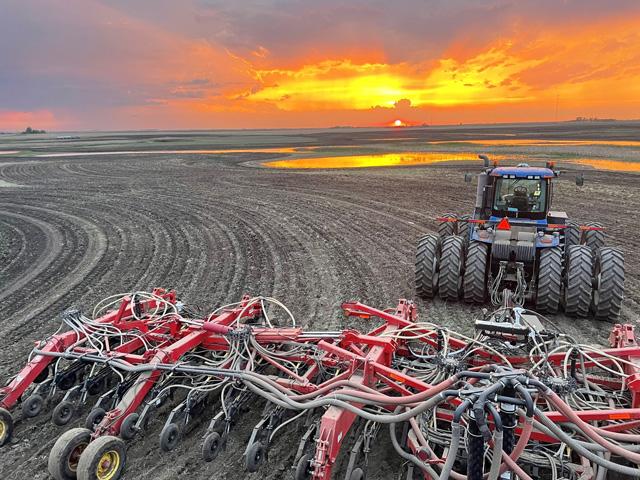 Eric Moberg, Mohall, North Dakota, told DTN on May 31 that in his Prairie Pothole region of western Bottineau and Renville County, prevented planting on the poorly drained fields is running from 15%-25%. He said, for his farm, he should have every field planted within a week, depending on rain, which has been falling daily. You can see the puddles out in his field, reflecting the light. (Photo courtesy of Eric Moberg)