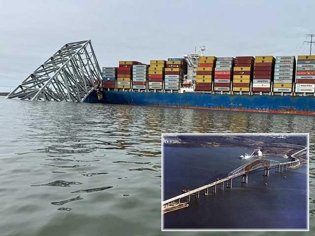 The Francis Scott Key Bridge spanned over the Patapsco River to serve as the outermost crossing of the Baltimore harbor. When the ship Dali struck the bridge early Tuesday morning, almost the entire bridge collapsed into the river, including part of the bridge on top of the ship and its containers. (Public domain photo; inset photo courtesy of MDOT)