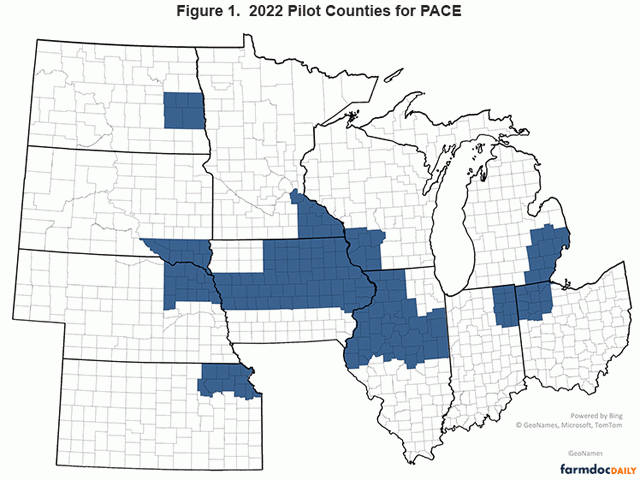 Farmers in blue-shaded counties are eligible to sign up for PACE, a new crop insurance endorsement that pays an indemnity if a farmer splits up nitrogen applications but isn&#039;t able to get it all on because of adverse weather conditions. (Map courtesy of Farmdoc)
