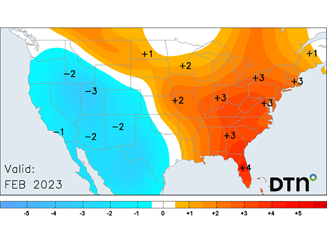 The current forecast for February is calling for mild to warm weather for most areas east of the Rockies while the below-normal temperatures park out in the West. (DTN graphic)