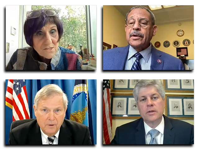 Rep. Rosa DeLauro, D-Conn.; Rep. Sanford Bishop, D-Ga.; Secretary of Agriculture Tom Vilsack; and Rep. Jeff Fortenberry, R-Neb., participated in a video conference meeting during which Vilsack took questions from lawmakers for about three hours Wednesday about USDA programs and funding needs. (Screenshots from livestream video of House Agriculture Appropriations Subcommittee)