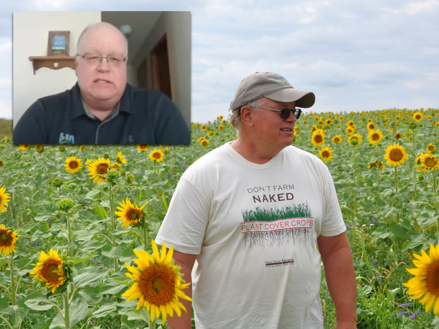 North Dakota farmer and rancher Gabe Brown standing in a field of sunflowers and other cover crops during a farm tour in 2012. Brown (insert), testified online about regenerative agricultural practices before the House Agriculture Committee on Thursday. (DTN file photo by Chris Clayton) 