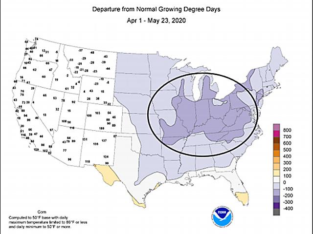 Growing Degree Day totals are significantly lagging the average across the Midwest -- a sign that sunlight and higher temperatures are needed for crop development. (NOAA graphic)