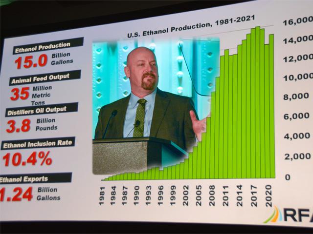 In his "state of the industry" speech, Renewable Fuels Association President and CEO Geoff Cooper cited a 2021 production number of 15 billion gallons of ethanol, a recovery from 2020 production but still about 1 billion gallons below peak production. The blend volume for fuel averaged 10.4% and exports reached 1.24 billion gallons. (DTN image from photo and PowerPoint presentation)