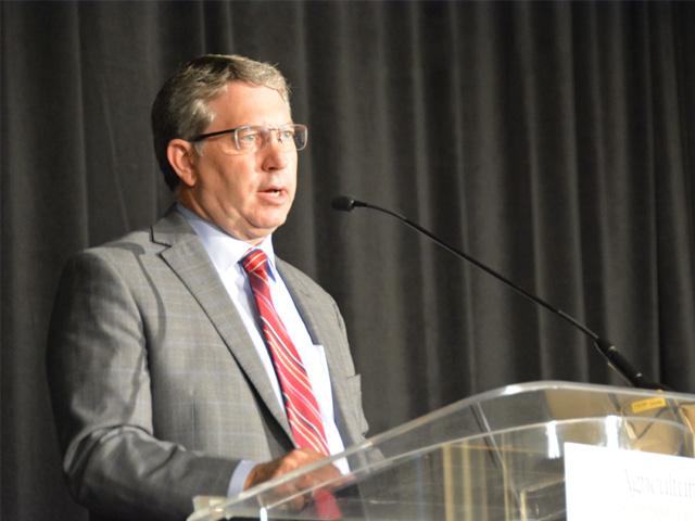 Gregg Doud, the top U.S. trade negotiator at the U.S. Trade Representative&#039;s Office, speaks Monday at an agricultural outlook forum in Kansas City, Missouri. (DTN photo by Chris Clayton)