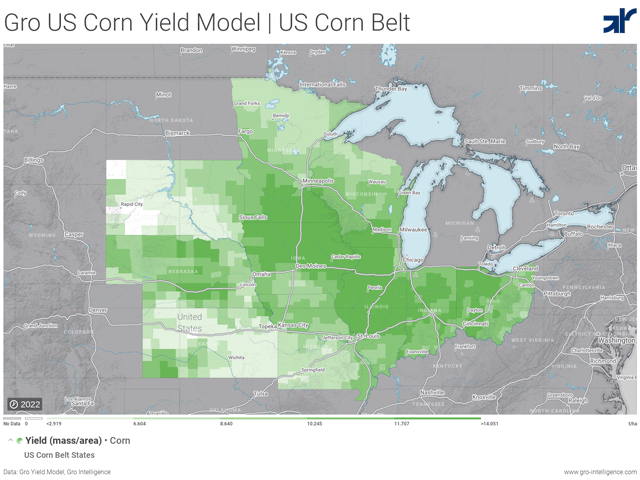 Darker shades of green represent higher average corn yields. Gro Intelligence comes in with its corn yield estimate about 2.5 bushels per acre lower than what USDA is projecting right now. (Map Courtesy of Gro Intelligence) 