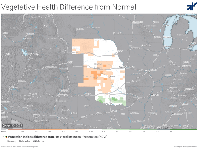 The darker the orange shading, the further behind average the wheat crop&#039;s vegetative health is compared to the average of the last 10 years. (Map courtesy of Gro Intelligence)  