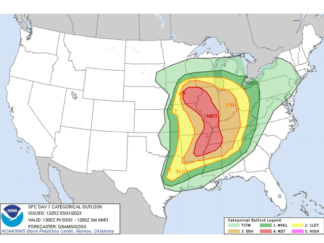 Widespread severe storms are expected for Friday. All modes of severe weather are possible, but the tornado threat is maximized along the Mississippi River for this afternoon and evening. (SPC graphic)