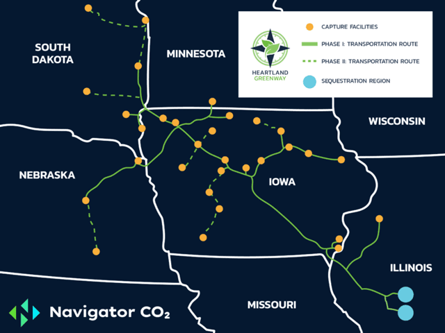 This map shows the proposed $3.5 billion Navigator CO2 Ventures pipeline, which the company has now put on hold following permit problems in South Dakota, Illinois and Iowa. (Map courtesy of Navigator) 